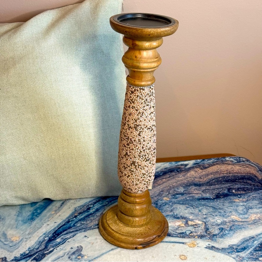 Wood Large Pillar Candle Holder with beads.